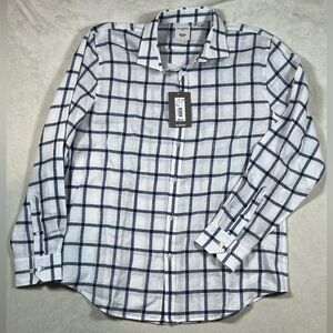 NWT XL Baird McNutt Slim Fit Blue Windowpane 100% Linen Lightweight Button Shirt